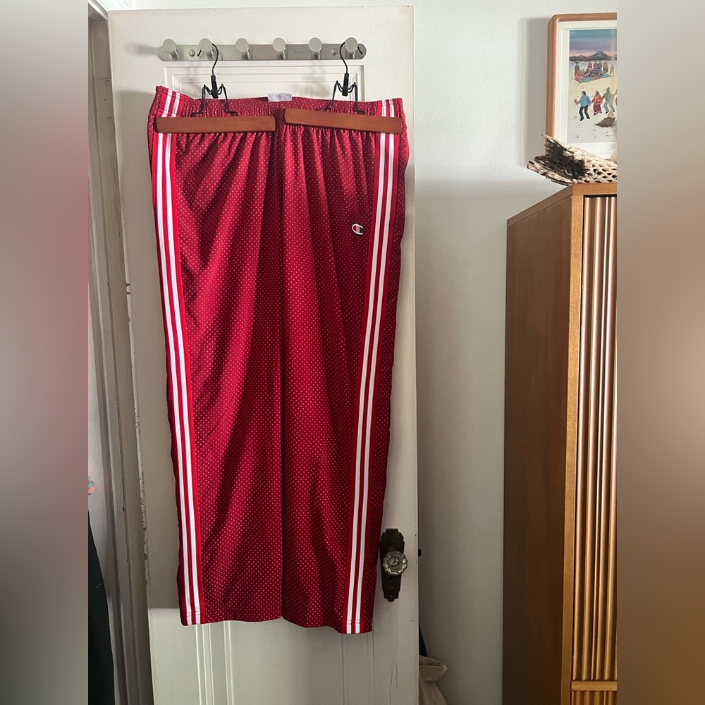 Champion Red Jogger Pants with White Side Stripes in Rare Polka Dot Print!